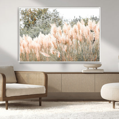 Soft pastel pampas grasses in a natural setting, ideal for neutral boho or rustic botanical-style interior wall decoration.