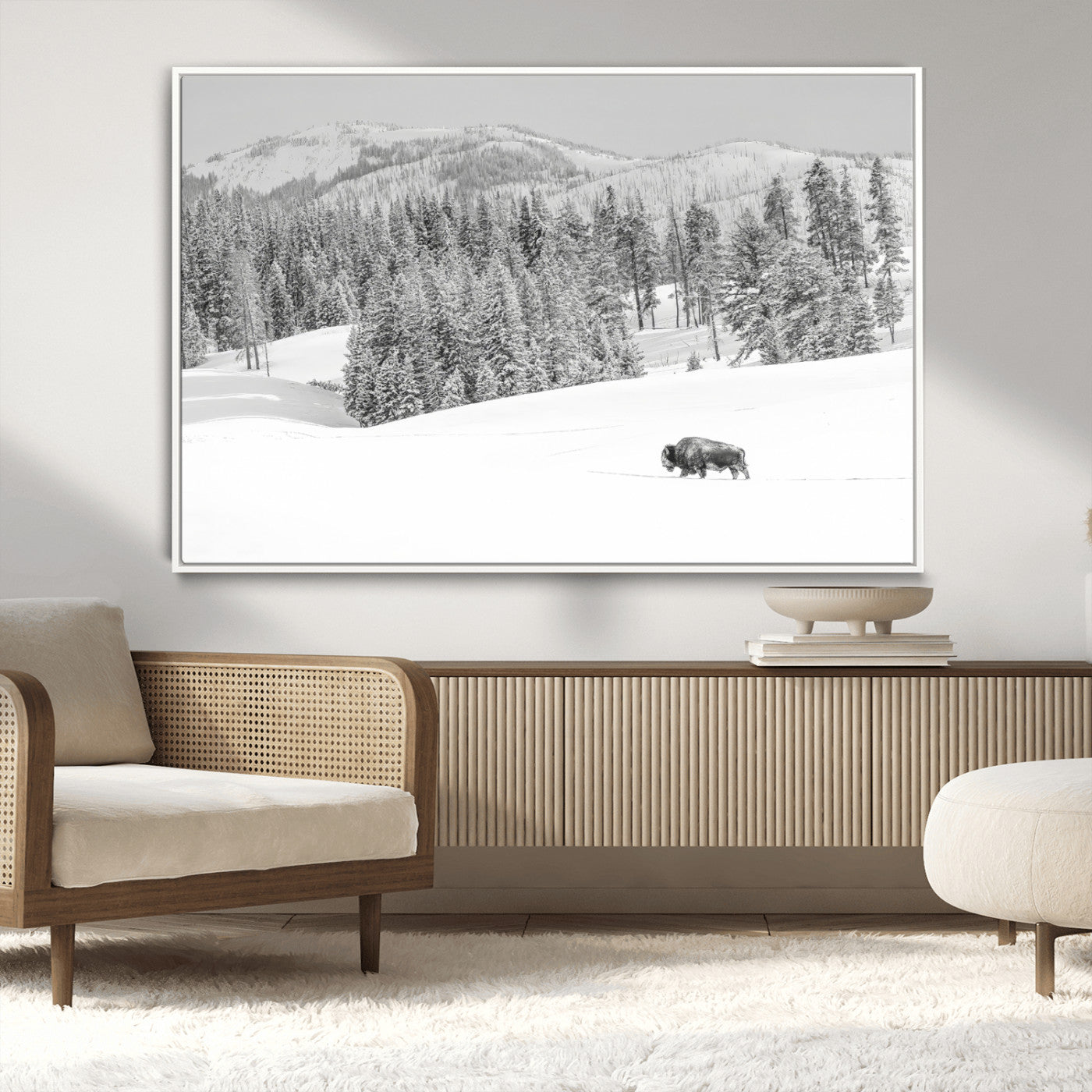 Snowy bison walking through white forest landscape, ideal for monochrome winter or wilderness-style interior wall decoration.