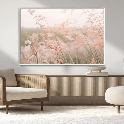 Soft pastel field with wild grasses in warm light, ideal for minimal nature or airy countryside-inspired interior wall decoration.