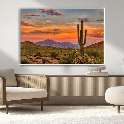 Vibrant desert sunset with saguaro cacti and distant mountains, perfect for Southwestern or warm-toned home decor.