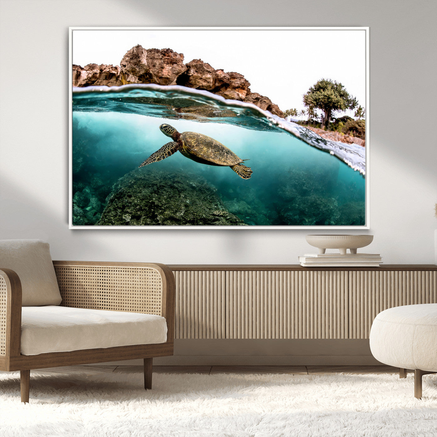 Dynamic split-view photo of a sea turtle swimming near rocky shores, perfect for vibrant coastal or tropical beach home decor.