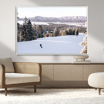 Canvas of a snowy mountain ski slope with pine trees and bright winter light, ideal for modern rustic or alpine-inspired home decor.