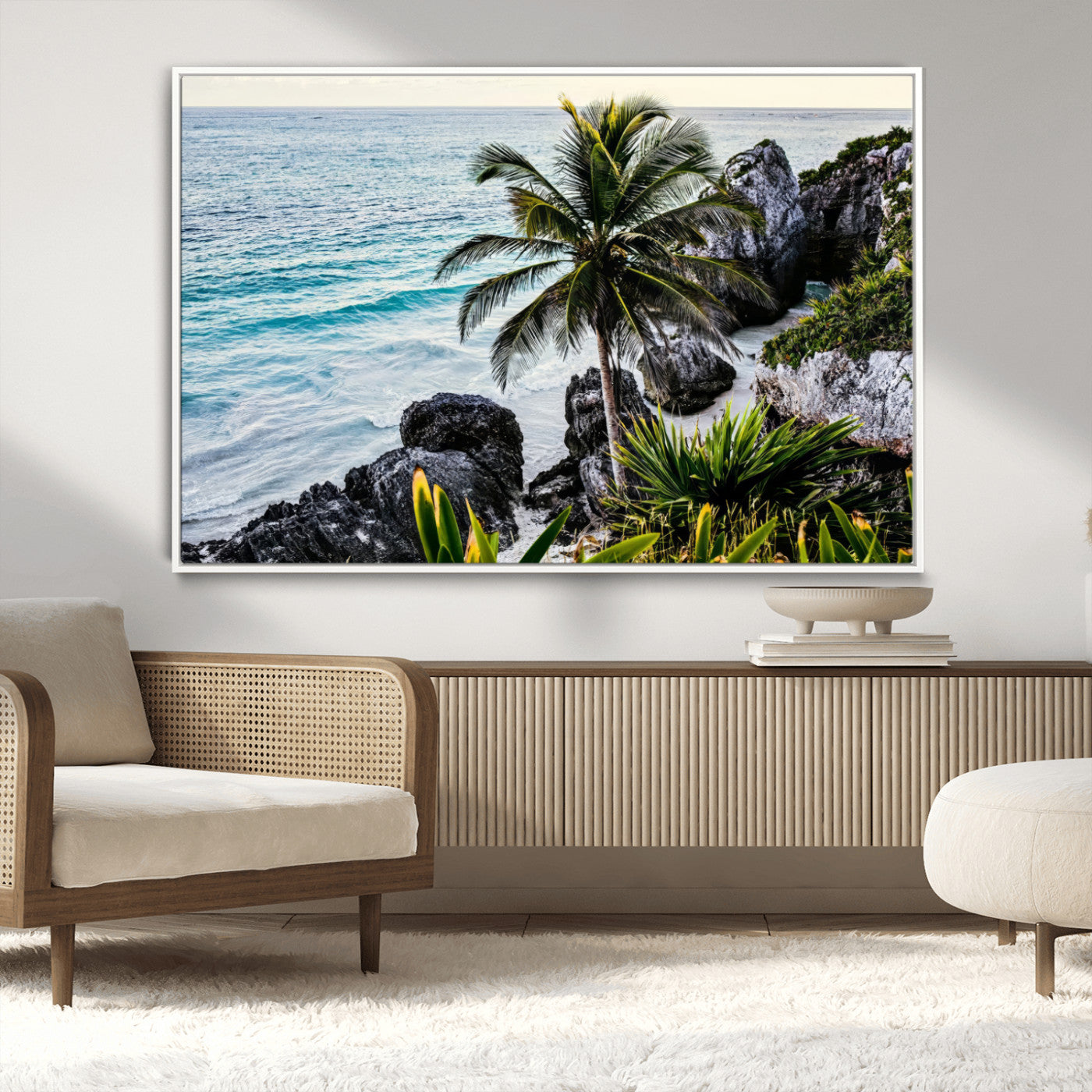 Framed canvas of a vibrant tropical coastline with palm trees, rocky cliffs, and turquoise waters, ideal for tropical coastal home decor.