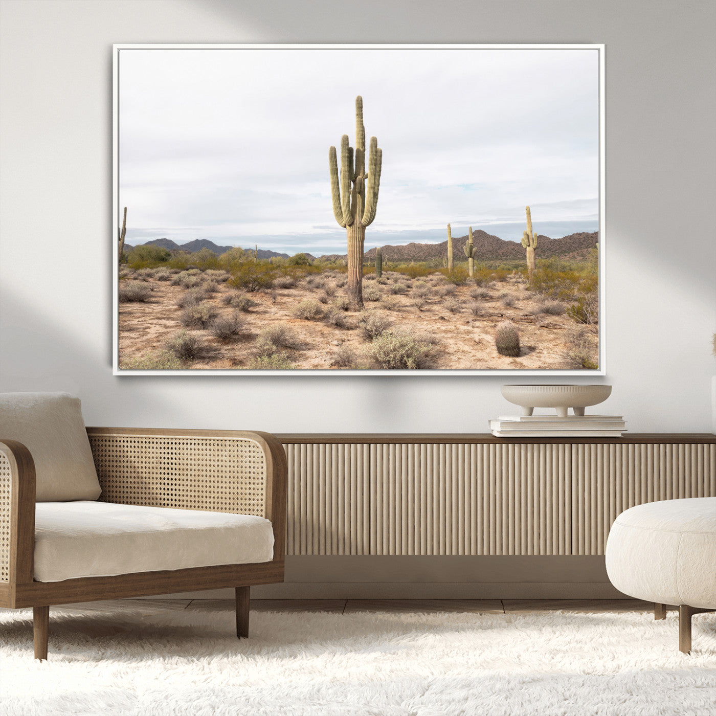 Canvas of a saguaro cactus in an earthy Sonoran desert landscape, ideal for Southwestern Boho or desert minimalism inspired home decor.   2/2