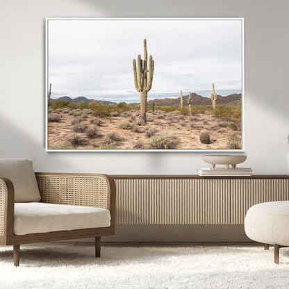 Canvas of a saguaro cactus in an earthy Sonoran desert landscape, ideal for Southwestern Boho or desert minimalism inspired home decor.   2/2