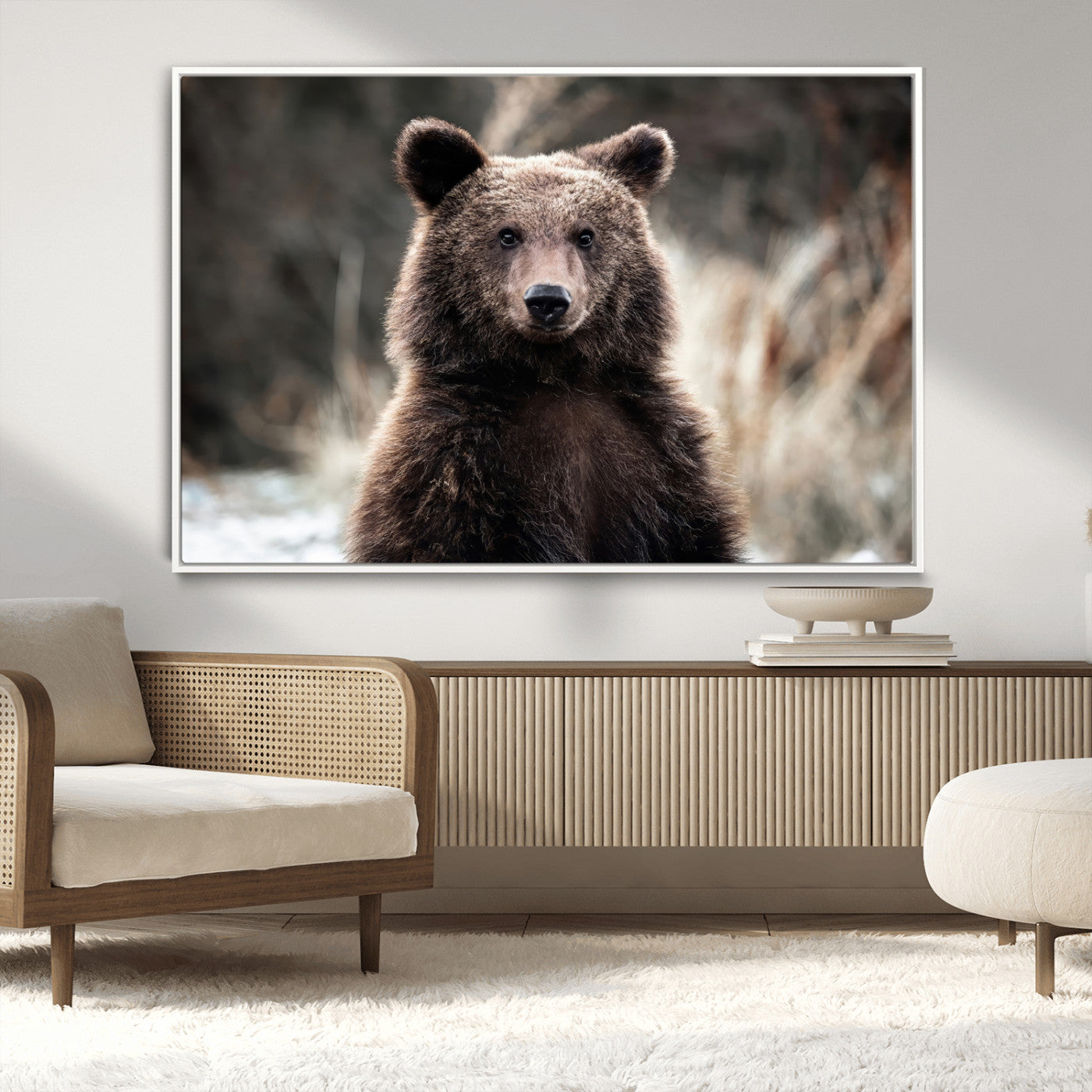 Canvas of a brown bear in soft earthy tones and moody forest light, ideal for rustic cabin or woodland nature-themed home decor.