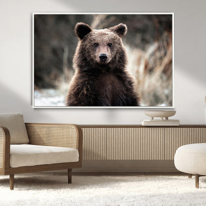 Canvas of a brown bear in soft earthy tones and moody forest light, ideal for rustic cabin or woodland nature-themed home decor.