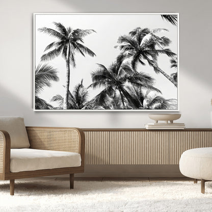 Black and white canvas of tall palm trees in moody tones, perfect for modern tropical minimalist or coastal-style home decor.