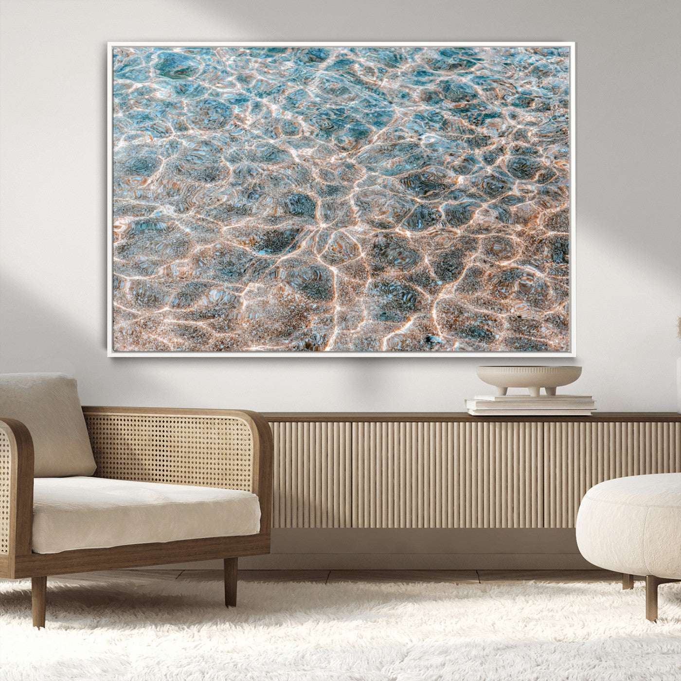 Close-up of sunlit ocean ripples with aqua blue and golden tones, ideal for modern coastal or minimalist home decor.