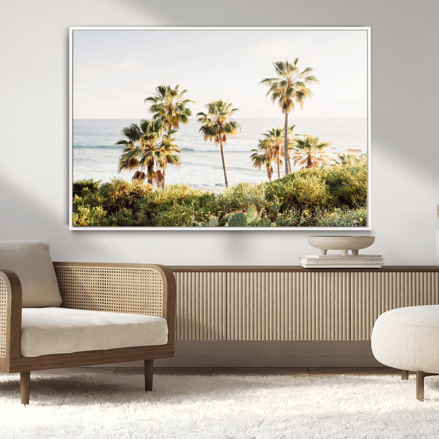 Framed print of sunlit palm trees on the California coast with warm tones, perfect for coastal minimalist or beach-style home decor.