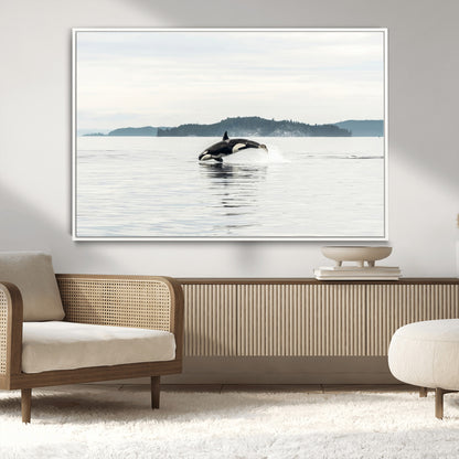 An orca jumping out of calm ocean waters with a misty island in the background, creating a serene and minimalist marine wildlife scene.