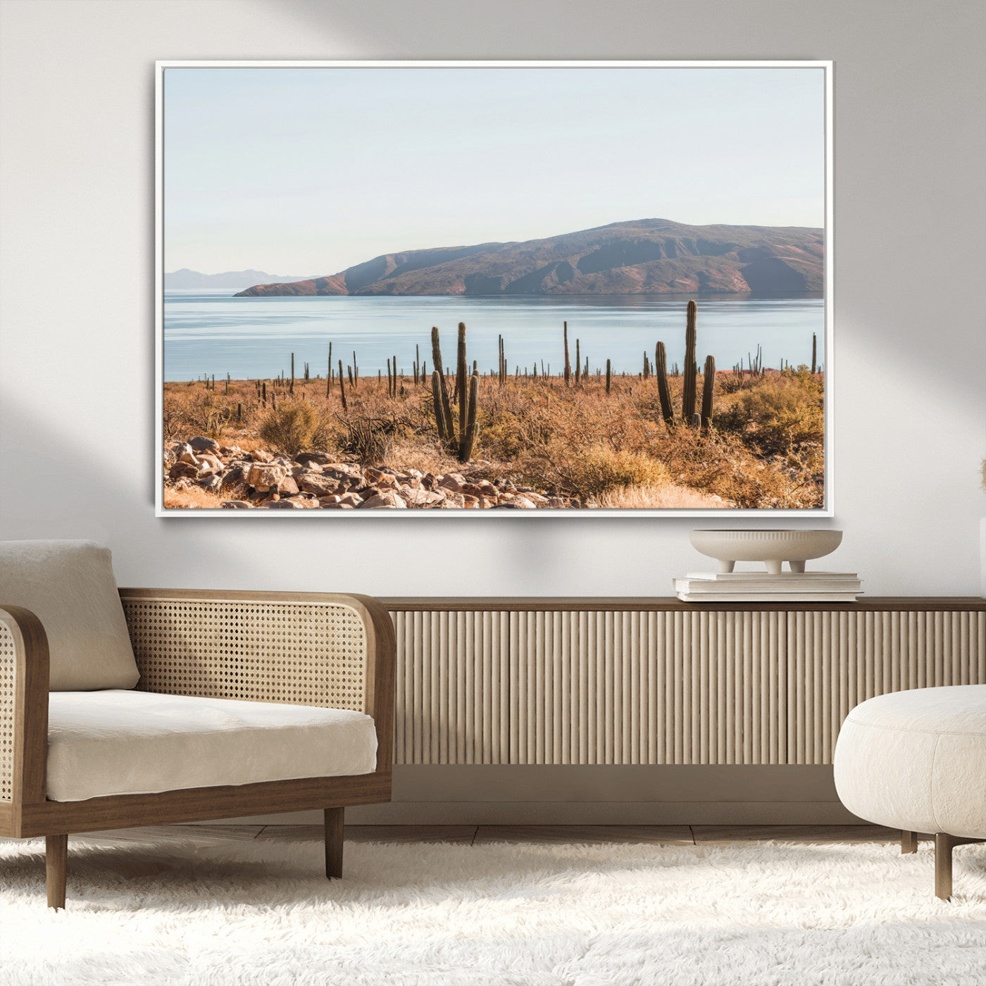 Warm desert landscape with cacti and coastal mountains, perfect for southwestern or earthy calm-themed home wall decor.