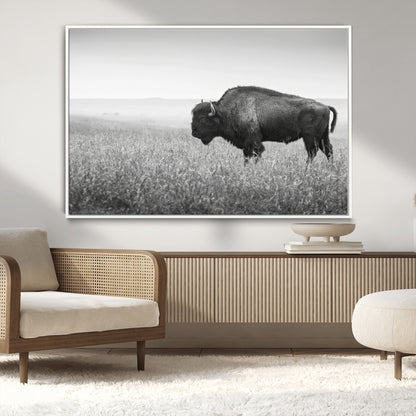 A black and white photograph of a majestic bison standing in a vast grassy prairie, evoking a sense of wilderness and strength.