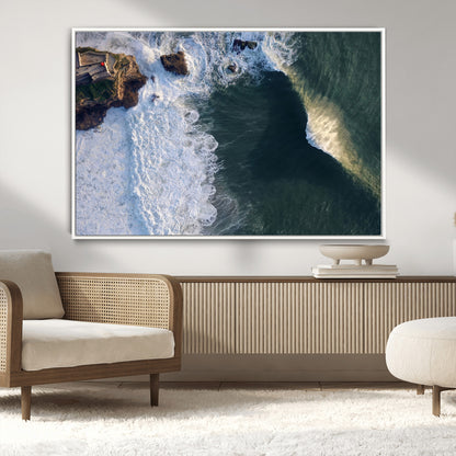 Canvas showing an aerial view of crashing waves along the Nazaré coastline, perfect for dramatic coastal or ocean-themed home decor.