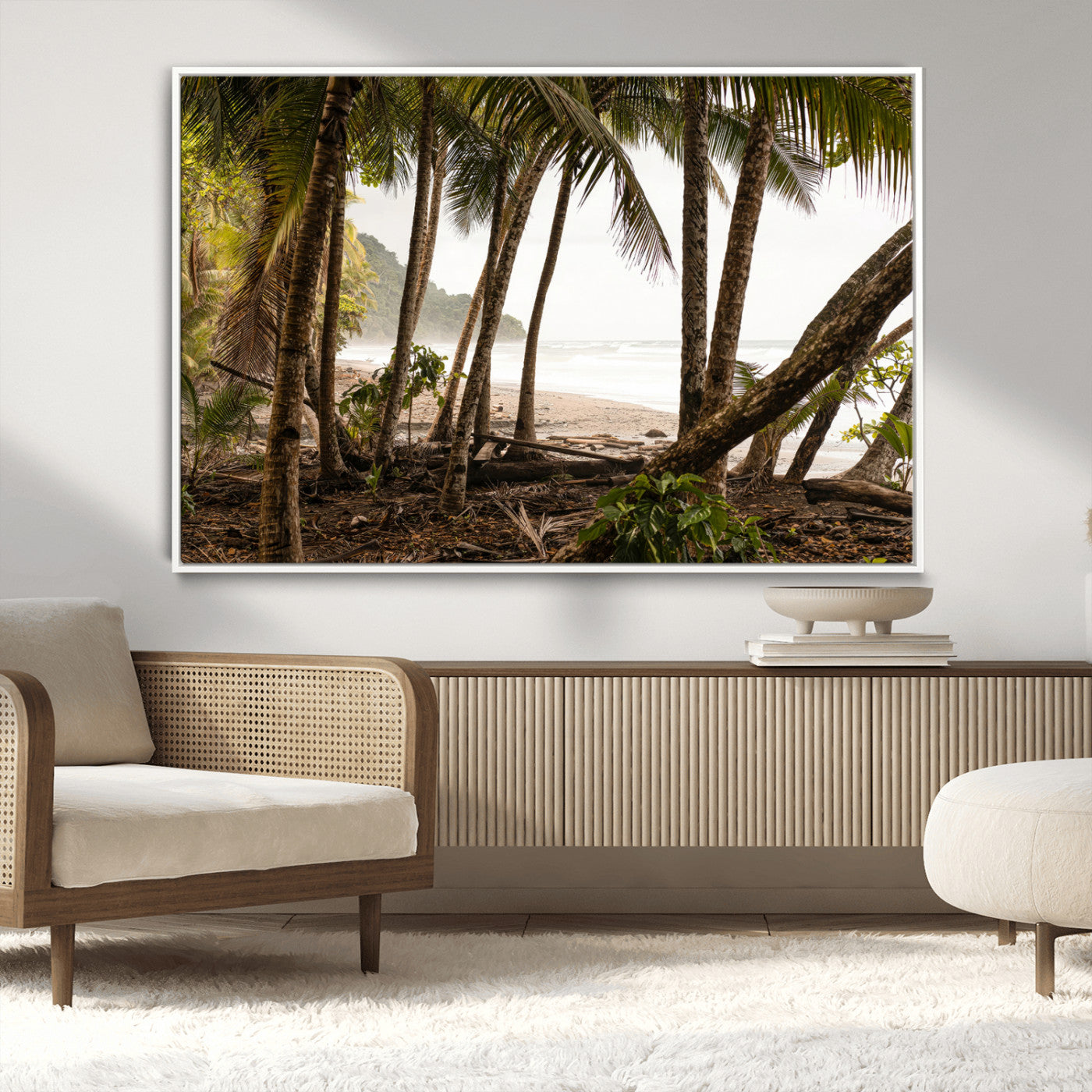 Dense tropical palm trees framing a sandy beach and ocean shore, ideal for jungle or coastal themed interior wall decor.
