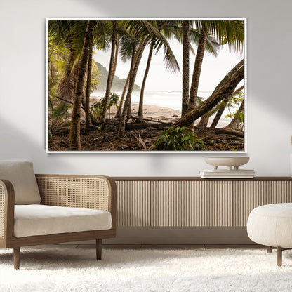 Dense tropical palm trees framing a sandy beach and ocean shore, ideal for jungle or coastal themed interior wall decor.
