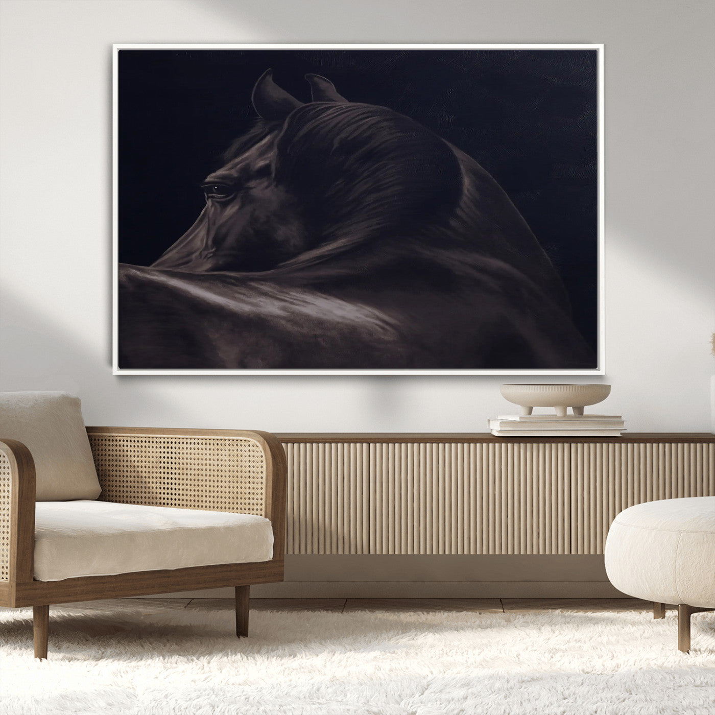 Close-up of a black horse with dramatic lighting on a dark background, perfect for rustic or masculine home decor.