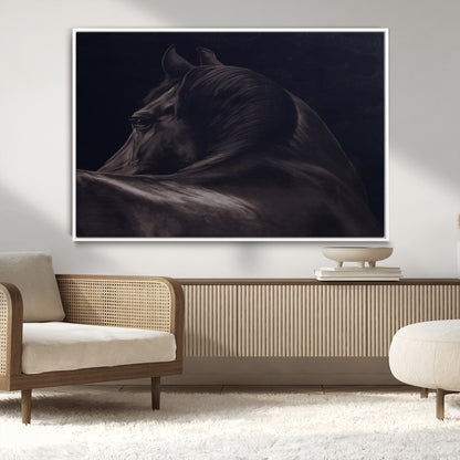 Close-up of a black horse with dramatic lighting on a dark background, perfect for rustic or masculine home decor.