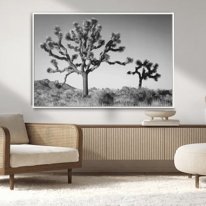 Black and white Joshua trees in a rugged desert landscape, creating a calm and minimalist feel for natural or rustic-themed interiors.