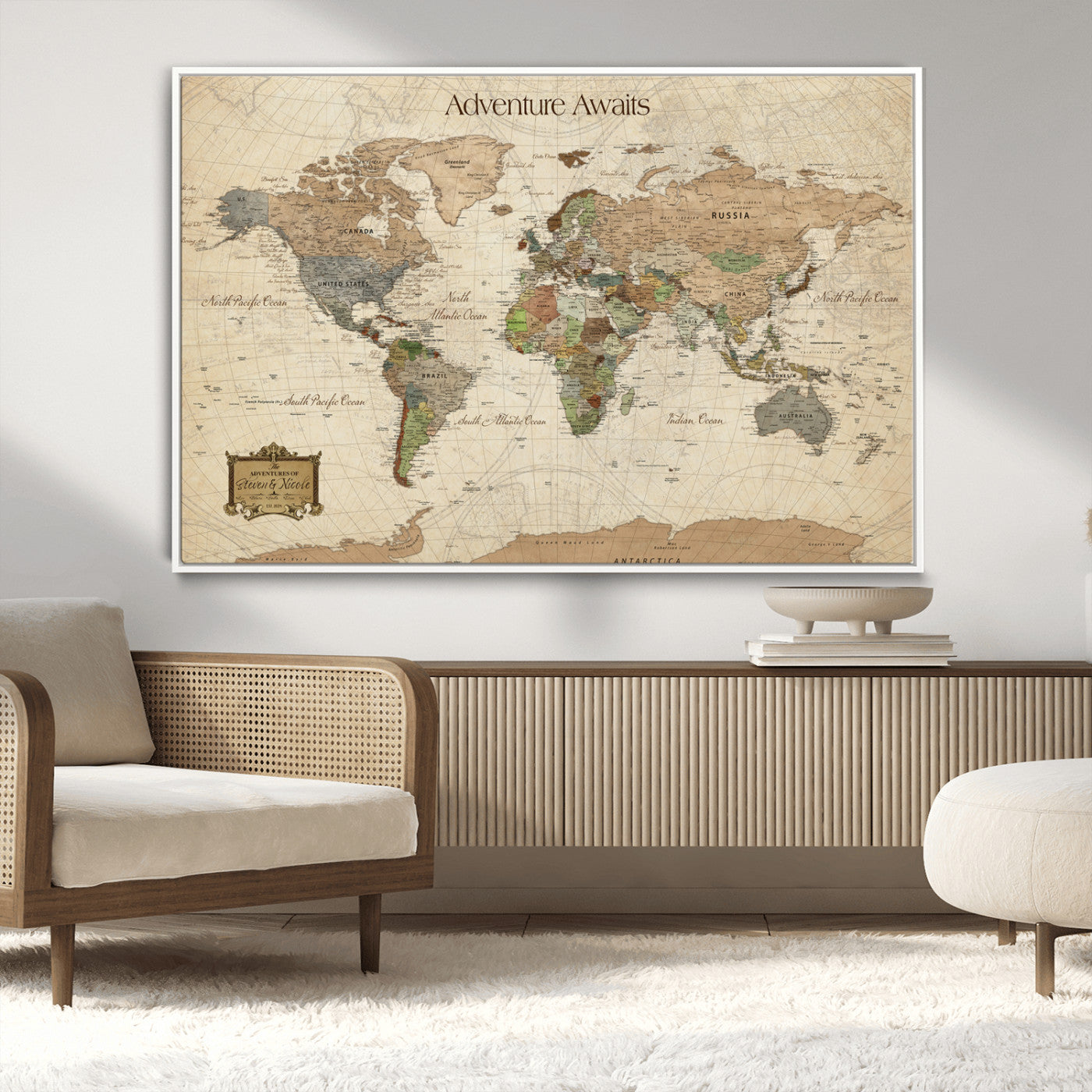 Custom Push Pin World Map Wall Canvas Print – Personalized Travel Tracker with Pins – Framed Custom Quotie Canvas for Home Office Decor
