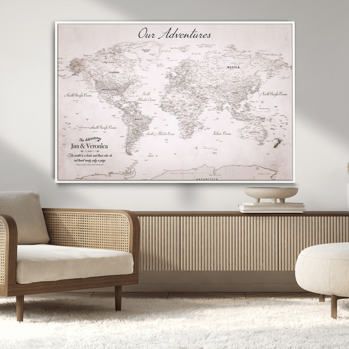 Customize Push Pin World Map Wall Canvas Print – Personalized Travel Map with Foam Pins – Framed Custom Quotie Canvas for Home Office Decor