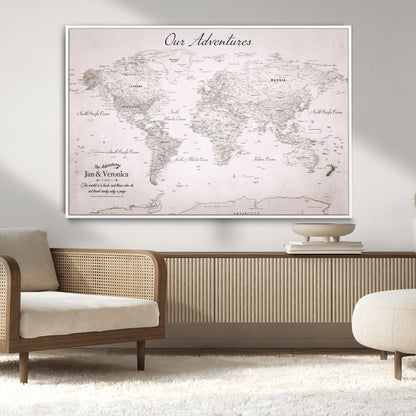 Customize Push Pin World Map Wall Canvas Print – Personalized Travel Map with Foam Pins – Framed Custom Quotie Canvas for Home Office Decor