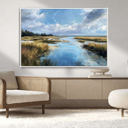 A beautiful, painterly landscape of a calm river winding through a marsh, with vibrant green grasses and a bright blue sky filled with fluffy clouds.