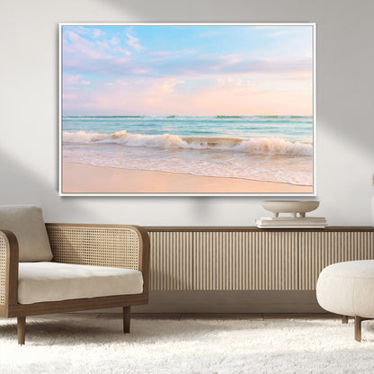 A peaceful beach scene with soft pastel skies, gentle waves washing up on the sandy shore, creating a calm and serene ocean view.
