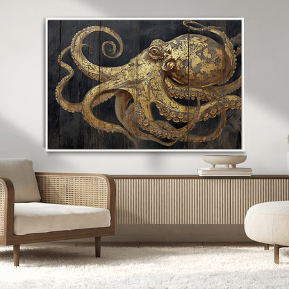 A detailed gold illustration of an octopus on black wooden planks, showing its intricate tentacles and textured skin in an artistic style.