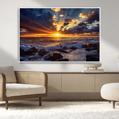 An explosive sunset over the ocean with dramatic clouds and rays of sunlight reflecting off the water, creating a vibrant and captivating view.