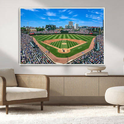 A wide-angle shot of a baseball field filled with spectators, with players on the field and the iconic Wrigley Field scoreboard in the background.