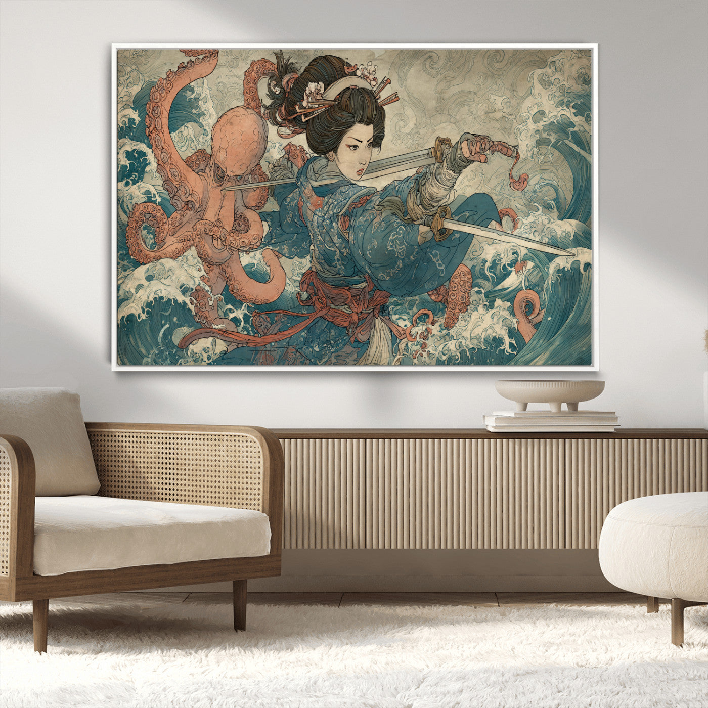 Tsukioka Yoshitoshi Samurai Wall Art Print, Japanese Katana Warrior Canvas Wall Art, Octopus Sea Monster Canvas Print,