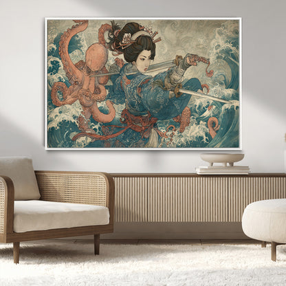 Tsukioka Yoshitoshi Samurai Wall Art Print, Japanese Katana Warrior Canvas Wall Art, Octopus Sea Monster Canvas Print,