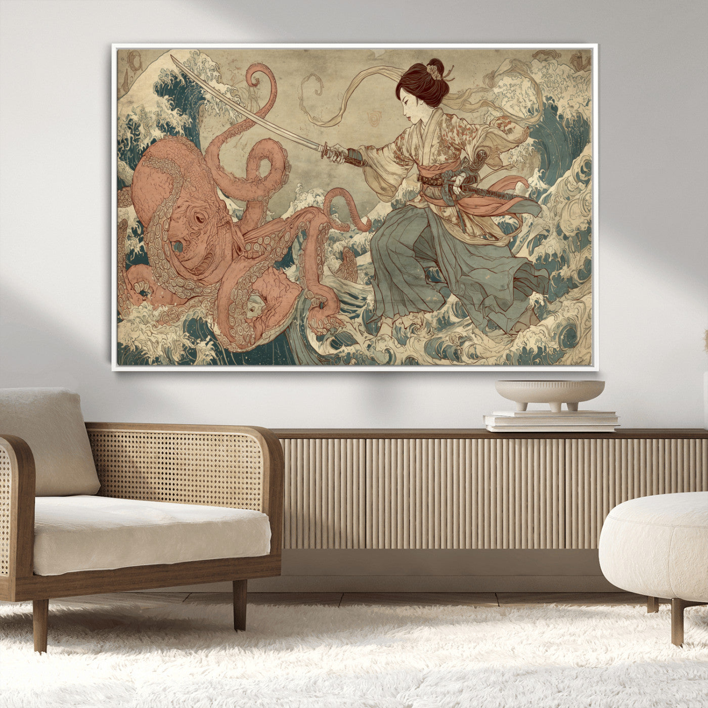 Tsukioka Yoshitoshi Samurai Wall Art Print, Japanese Katana Warrior Canvas Wall Art, Octopus Sea Monster Canvas Print,