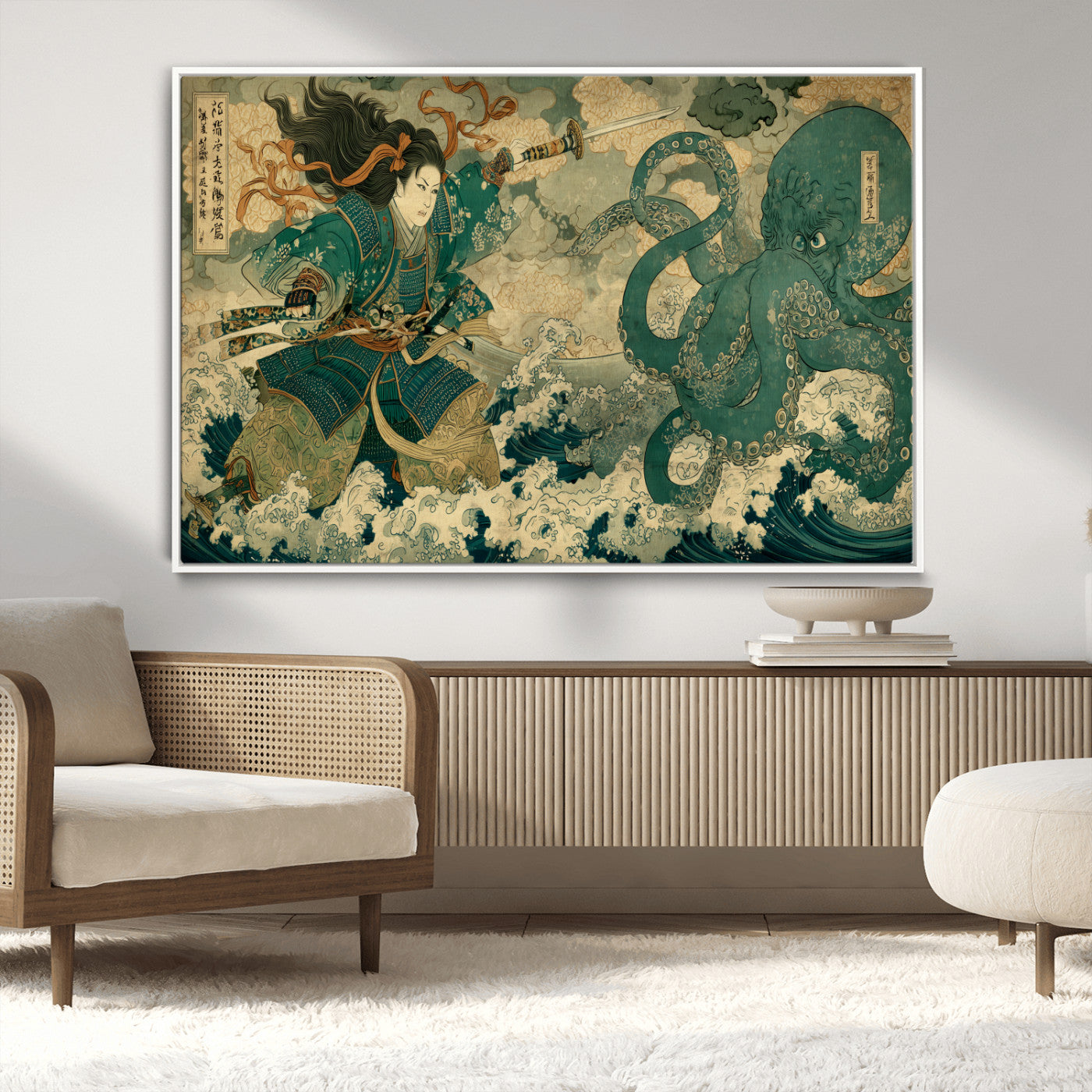 Tsukioka Yoshitoshi Samurai Wall Art Print, Japanese Katana Warrior Canvas Wall Art, Octopus Sea Monster Canvas Print,
