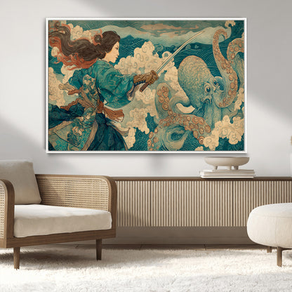 Tsukioka Yoshitoshi Samurai Wall Art Print, Japanese Katana Warrior Canvas Wall Art, Octopus Sea Monster Canvas Print,