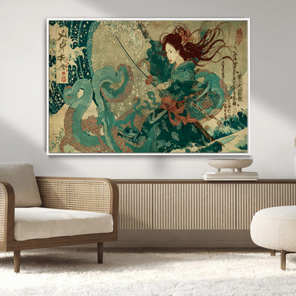 Tsukioka Yoshitoshi Samurai Wall Art Print, Japanese Katana Warrior Canvas Wall Art, Octopus Sea Monster Canvas Print,