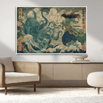 Tsukioka Yoshitoshi Samurai Wall Art Print, Japanese Katana Warrior Canvas Wall Art, Octopus Sea Monster Canvas Print,