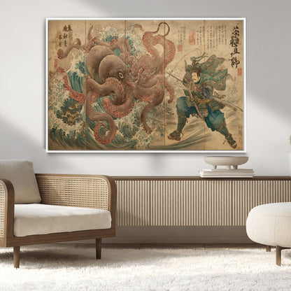 Tsukioka Yoshitoshi Samurai Wall Art Print, Japanese Katana Warrior Canvas Wall Art, Octopus Sea Monster Canvas Print,