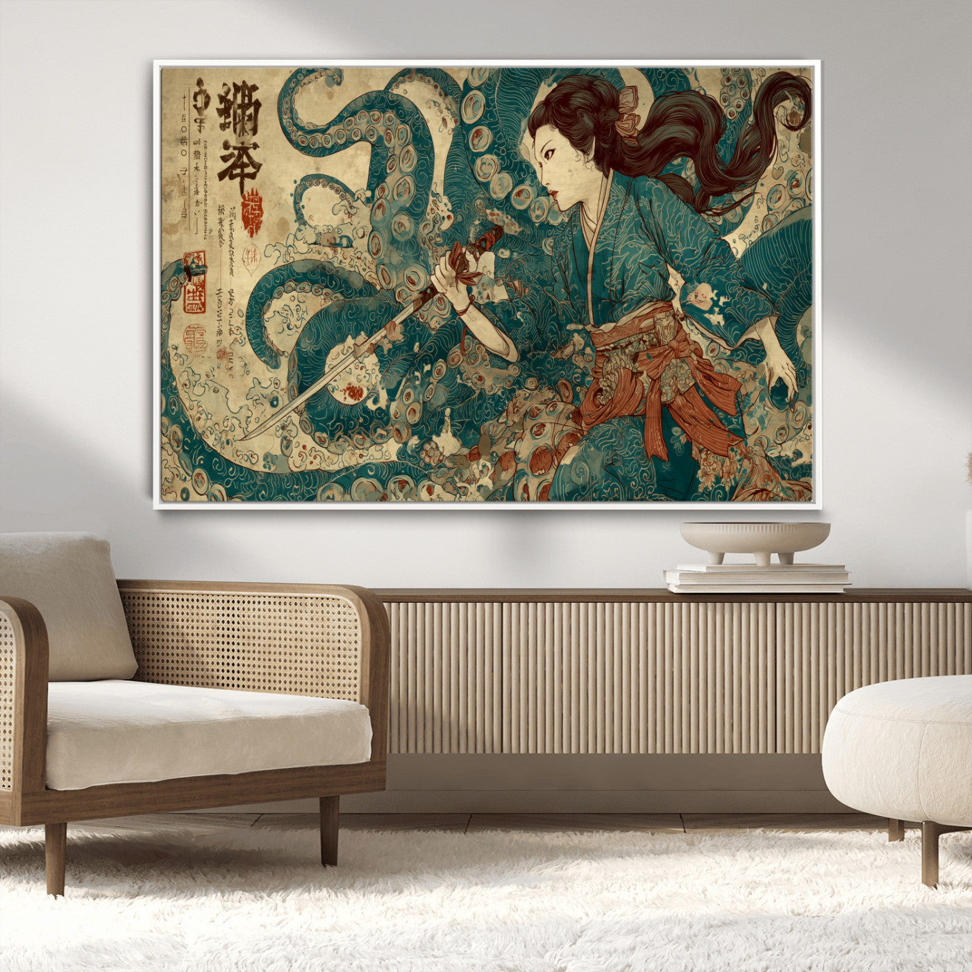 Tsukioka Yoshitoshi Samurai Wall Art Print, Japanese Katana Warrior Canvas Wall Art, Octopus Sea Monster Canvas Print,