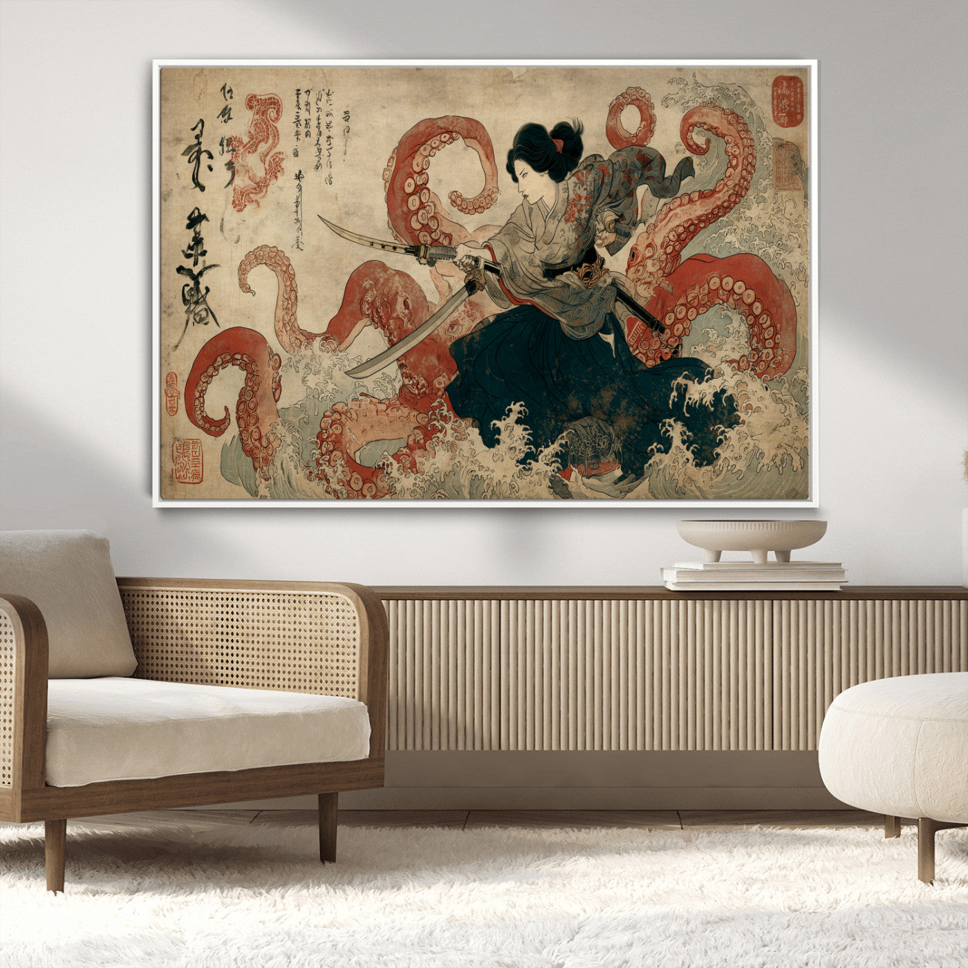 Tsukioka Yoshitoshi Samurai Wall Art Print, Japanese Katana Warrior Canvas Wall Art, Octopus Sea Monster Canvas Print,