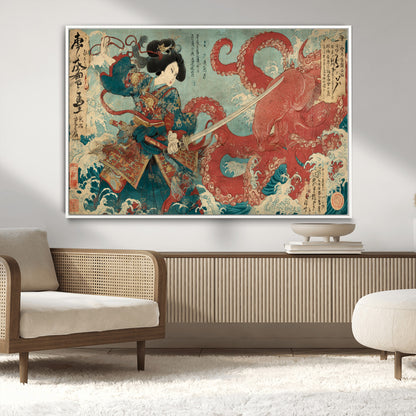 Tsukioka Yoshitoshi Samurai Wall Art Print, Japanese Katana Warrior Canvas Wall Art, Octopus Sea Monster Canvas Print,