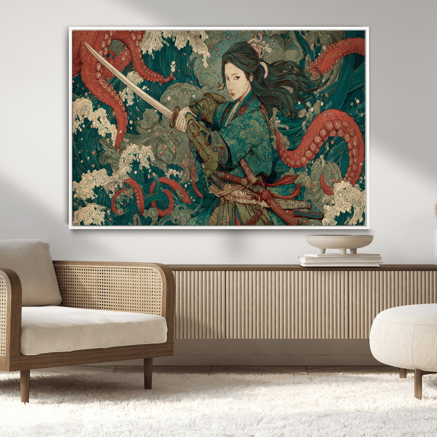 Tsukioka Yoshitoshi Samurai Wall Art Print, Japanese Katana Warrior Canvas Wall Art, Octopus Sea Monster Canvas Print,