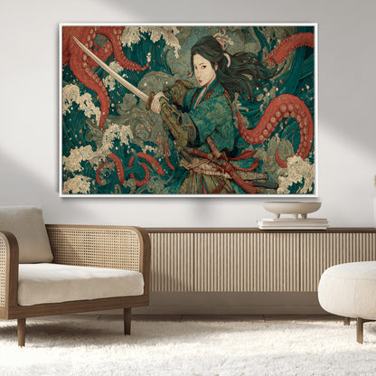 Tsukioka Yoshitoshi Samurai Wall Art Print, Japanese Katana Warrior Canvas Wall Art, Octopus Sea Monster Canvas Print,