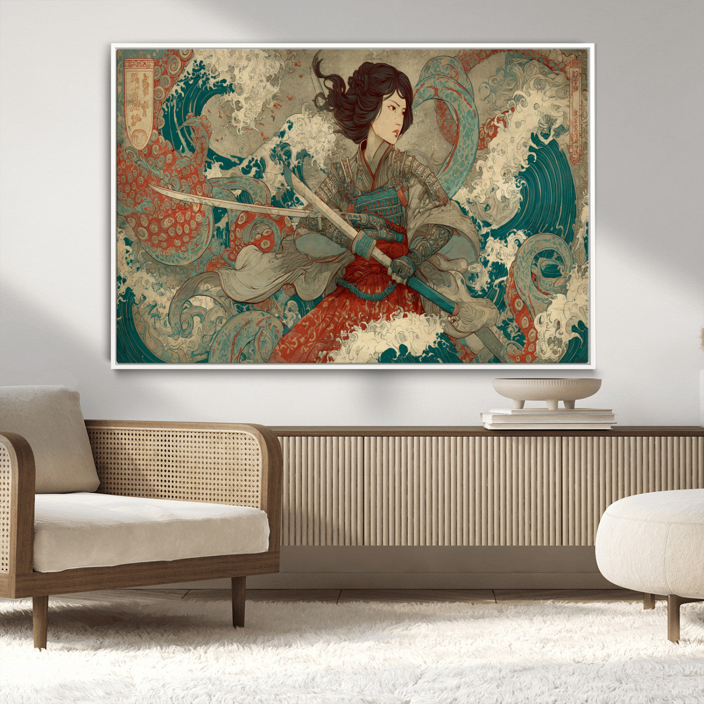 Tsukioka Yoshitoshi Samurai Wall Art Print, Japanese Katana Warrior Canvas Wall Art, Octopus Sea Monster Canvas Print,