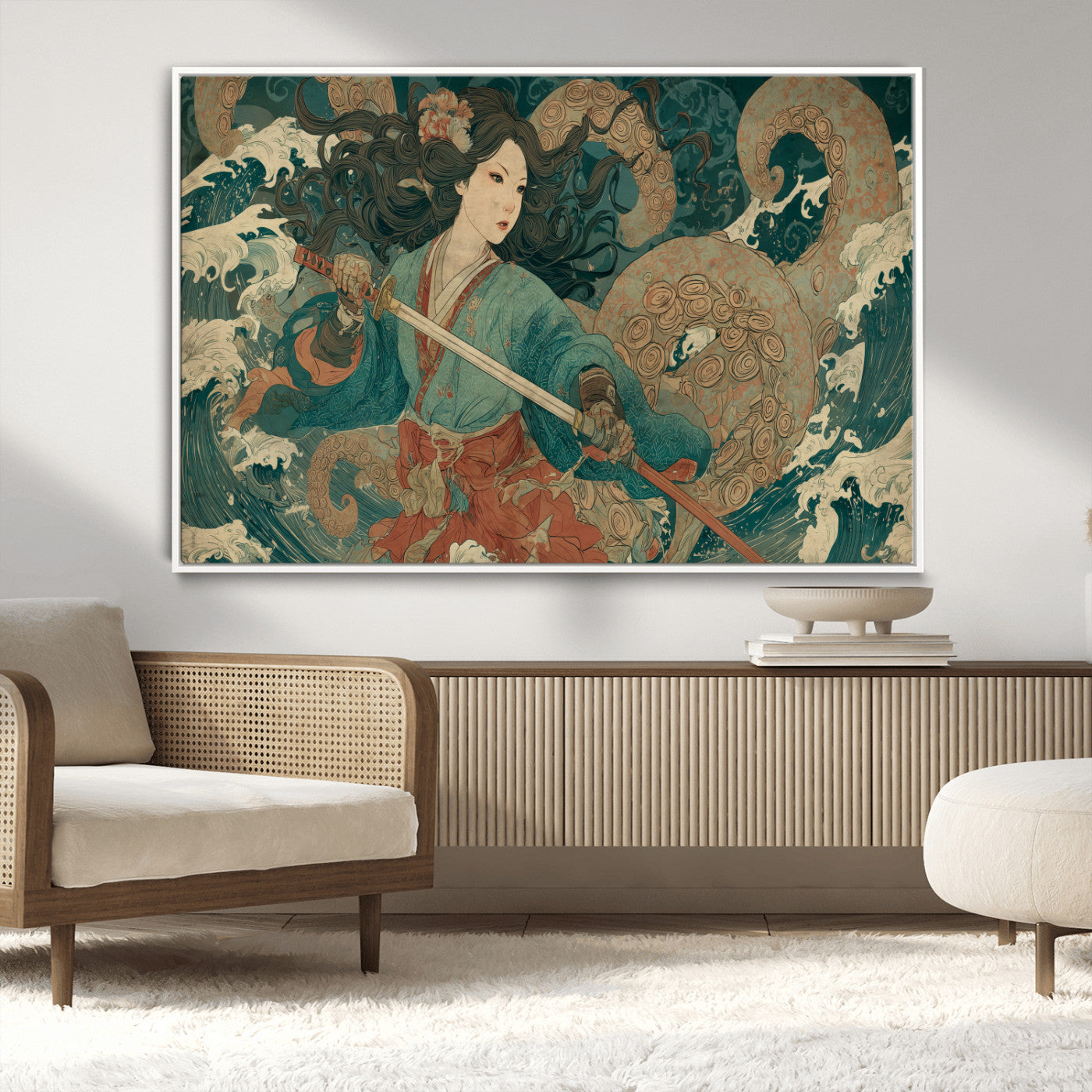 Tsukioka Yoshitoshi Samurai Wall Art Print, Japanese Katana Warrior Canvas Wall Art, Octopus Sea Monster Canvas Print,