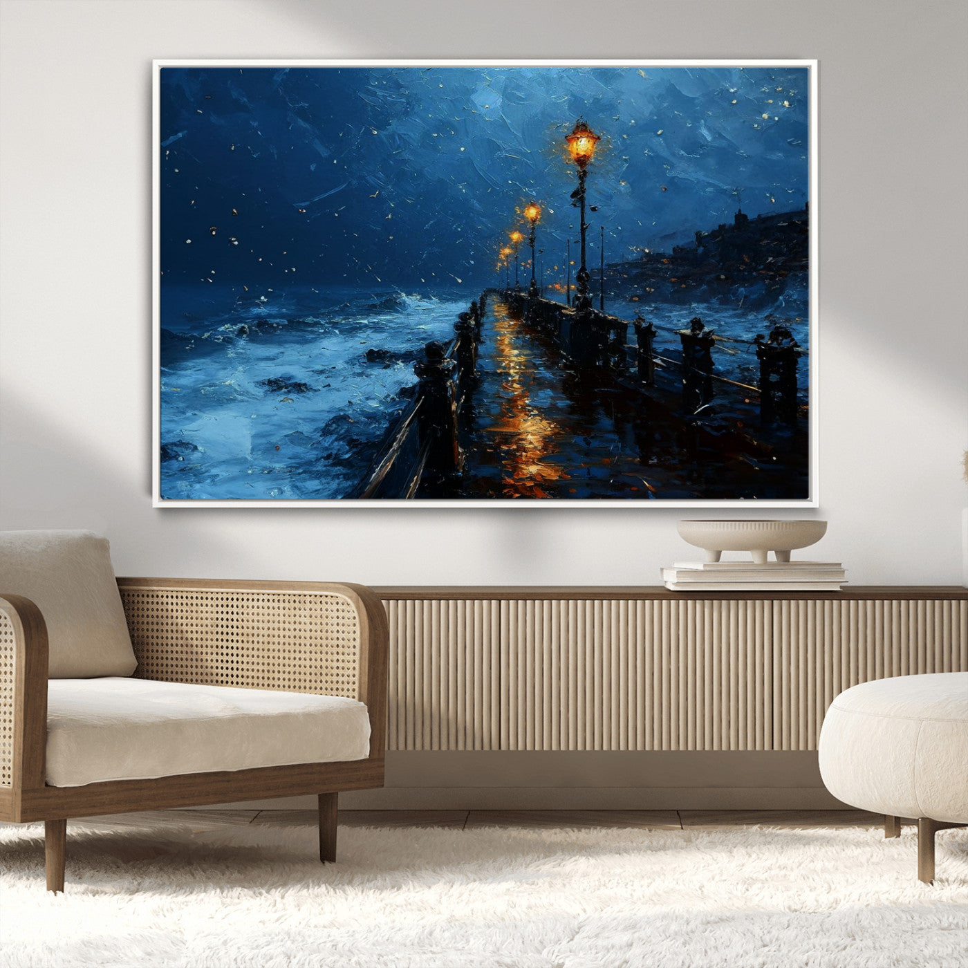 "Impressionistic painting of a rainy pier at night with glowing street lamps reflecting on the wet surface, ocean waves crashing under a dark blue sky."