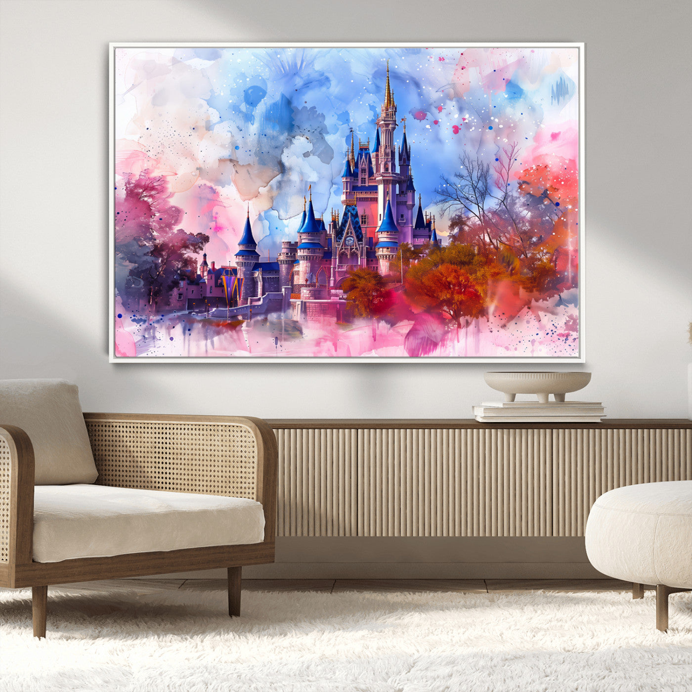 Watercolor canvas of a dreamy Disney-style castle in pastel pink and blue tones, perfect for fairytale or whimsical home decor.