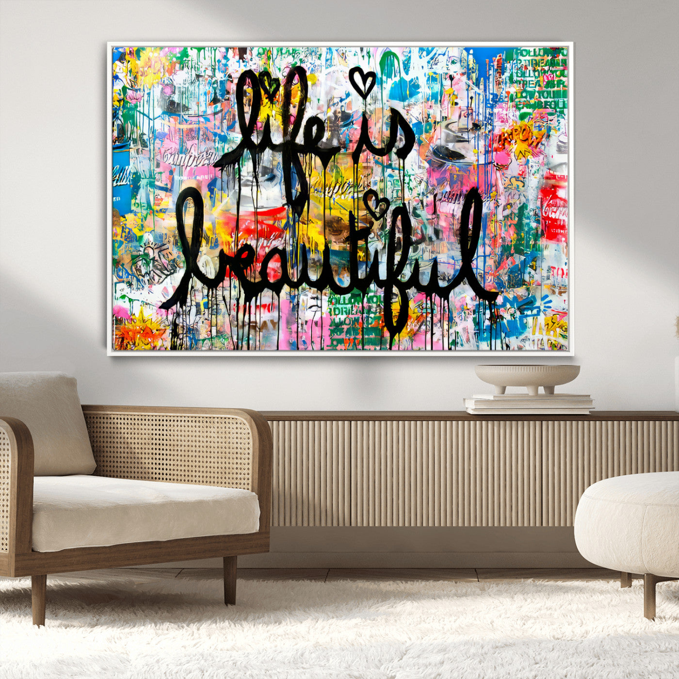 Colorful urban-style canvas with graffiti text “Life is Beautiful” in black paint, ideal for bold or street-themed home decor.