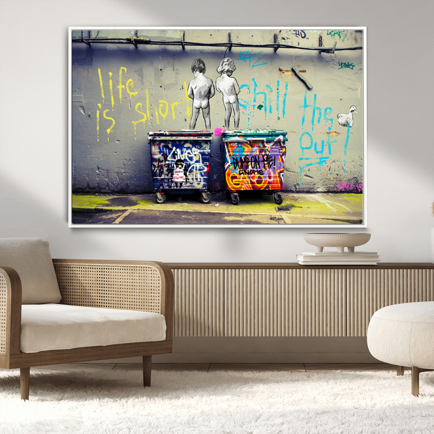Graffiti-style canvas art with bold text and two naked figures over urban dumpsters, ideal for edgy or street-style decor.